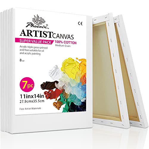 PHOENIX Stretched Canvas for Painting 11x14 Inch/7 Value Pack, 8 Oz Triple  Primed 5/8 Inch Profile 100% Cotton White Blank Canvas, Artist Framed Canvas  for Oil Acrylic & Pouring Art